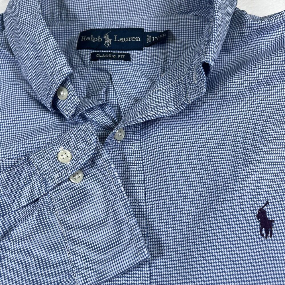 RALPH LAUREN Classic Fit Blue & White Gingham Button Down Shirt Size XL Preppy